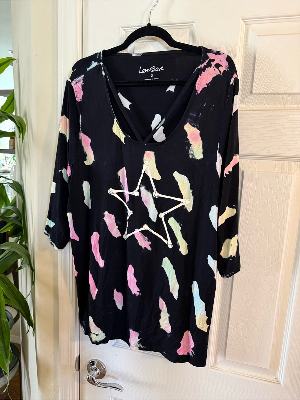 Lovesick Black V-Neck Star Tie-Dye Top with Pastel Accents